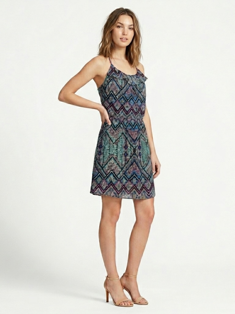 Parker Racerback Mini Dress Ruffle Silk Geometric Chevron Black Multi Size M